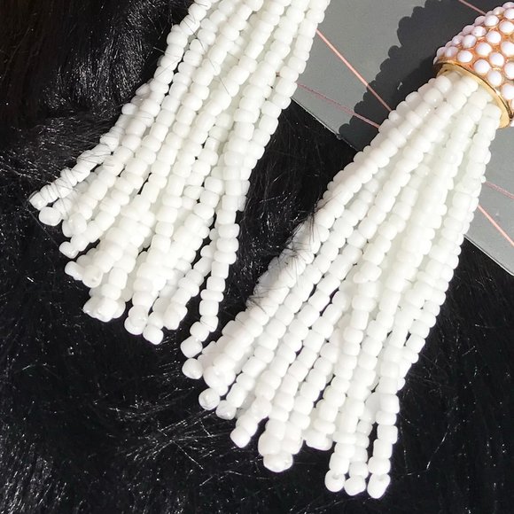 Boho Earrings Tassel Bead Drop Posts White Gold - Picture 3 of 5